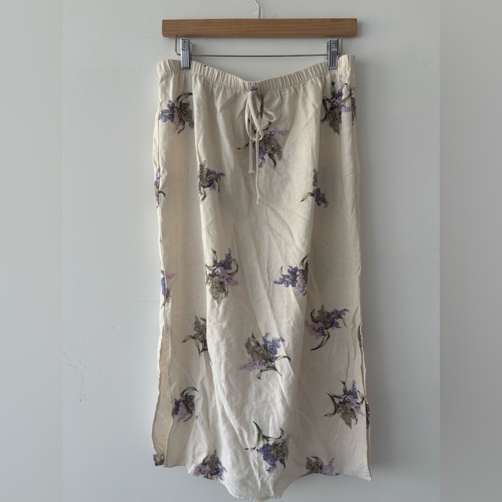 NWOT vintage linen skirt floral print elastic waist slit sides maxi skirt M